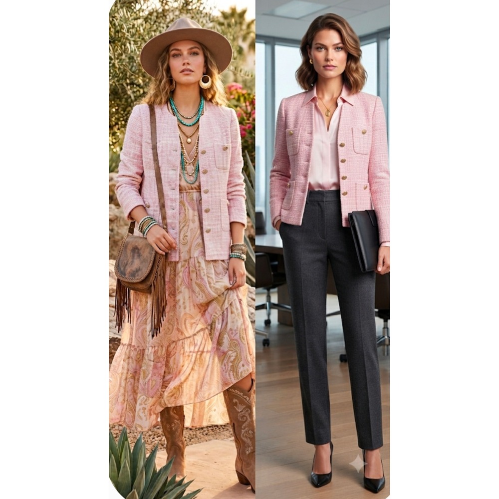 Appleseed's Pink Tweed Blazer Collarless Gold Button Boucle Jacket Women